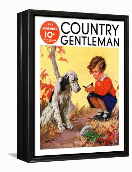 "Girl, Dog and Injured Bird," Country Gentleman Cover, November 1, 1935-Henry Hintermeister-Framed Premier Image Canvas