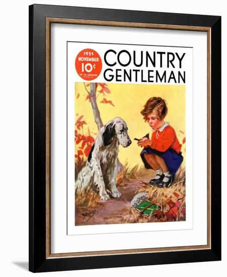 "Girl, Dog and Injured Bird," Country Gentleman Cover, November 1, 1935-Henry Hintermeister-Framed Giclee Print