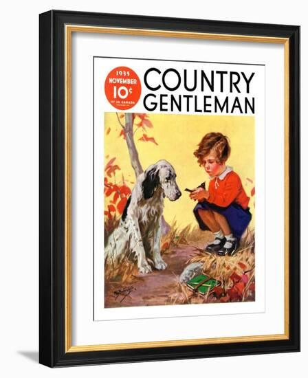 "Girl, Dog and Injured Bird," Country Gentleman Cover, November 1, 1935-Henry Hintermeister-Framed Giclee Print