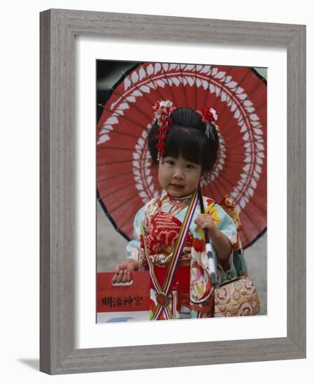 Girl Dressed in Kimono, Shichi-Go-San Festival (Festival for Three, Five, Seven Year Old Children)-null-Framed Photographic Print