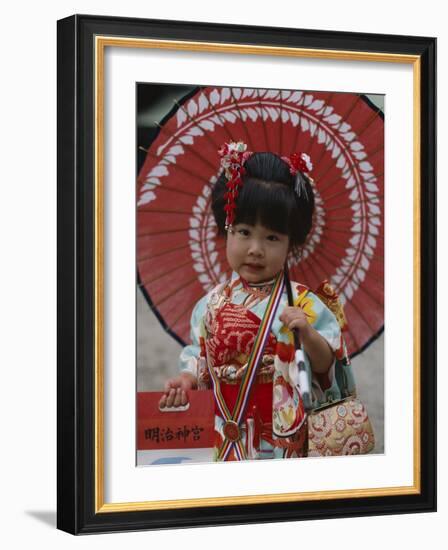 Girl Dressed in Kimono, Shichi-Go-San Festival (Festival for Three, Five, Seven Year Old Children)-null-Framed Photographic Print