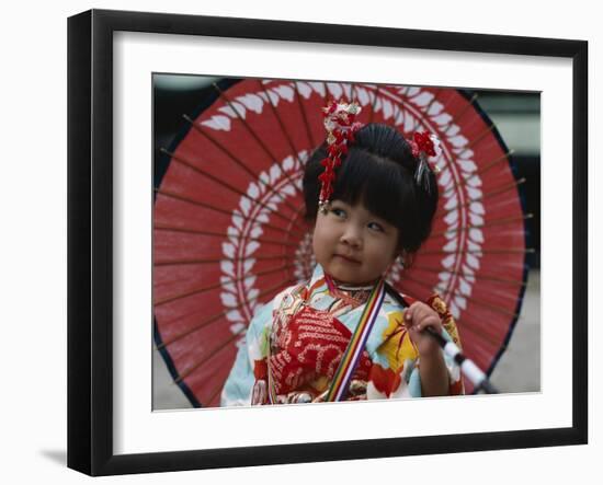 Girl Dressed in Kimono, Shichi-Go-San Festival (Festival for Three, Five, Seven Year Old Children)-null-Framed Photographic Print