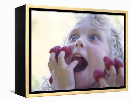 Girl Eating Raspberries, Bellingham, Washington, USA-Steve Satushek-Framed Premier Image Canvas