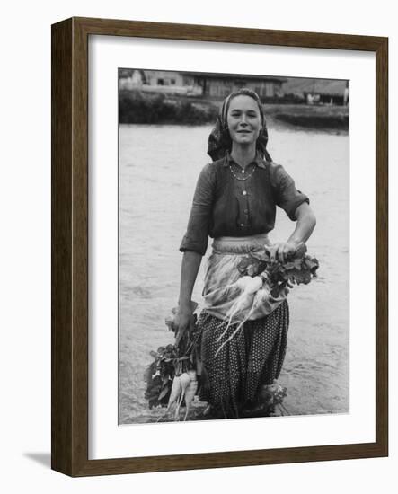 Girl Farm Worker Washing Turnips from River, on Collective Farm-Paul Schutzer-Framed Photographic Print