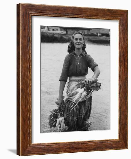 Girl Farm Worker Washing Turnips from River, on Collective Farm-Paul Schutzer-Framed Photographic Print