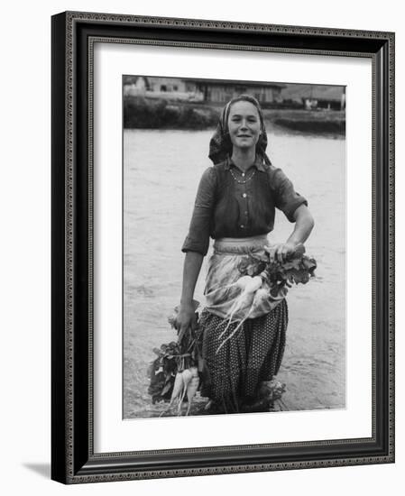 Girl Farm Worker Washing Turnips from River, on Collective Farm-Paul Schutzer-Framed Photographic Print