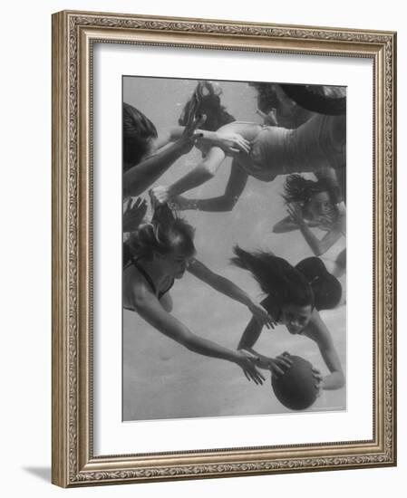 Girl Getting Her Hair Pulled as Swimmers Play a Fast Scrimmage of Water Polo at Athletic Club-Peter Stackpole-Framed Photographic Print