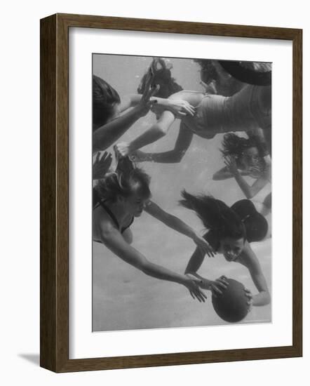 Girl Getting Her Hair Pulled as Swimmers Play a Fast Scrimmage of Water Polo at Athletic Club-Peter Stackpole-Framed Photographic Print