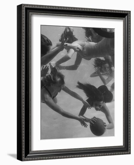 Girl Getting Her Hair Pulled as Swimmers Play a Fast Scrimmage of Water Polo at Athletic Club-Peter Stackpole-Framed Photographic Print