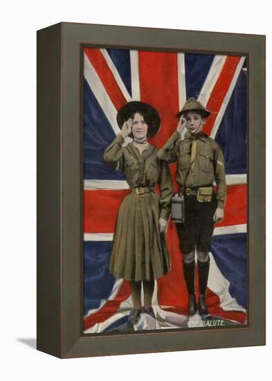 Girl Guide and Boy Scout Saluting in Front of the Union Flag-null-Framed Premier Image Canvas