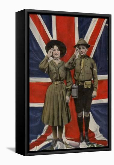 Girl Guide and Boy Scout Saluting in Front of the Union Flag-null-Framed Premier Image Canvas