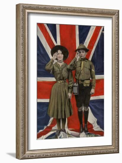 Girl Guide and Boy Scout Saluting in Front of the Union Flag-null-Framed Photographic Print