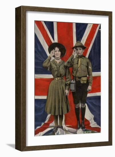 Girl Guide and Boy Scout Saluting in Front of the Union Flag-null-Framed Photographic Print