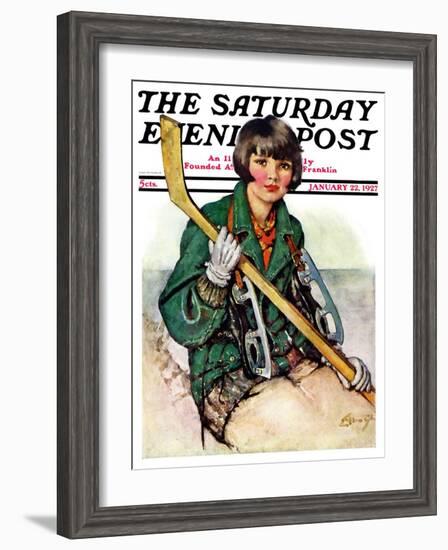 "Girl Hockey Player," Saturday Evening Post Cover, January 22, 1927-Ellen Pyle-Framed Giclee Print