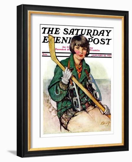 "Girl Hockey Player," Saturday Evening Post Cover, January 22, 1927-Ellen Pyle-Framed Giclee Print