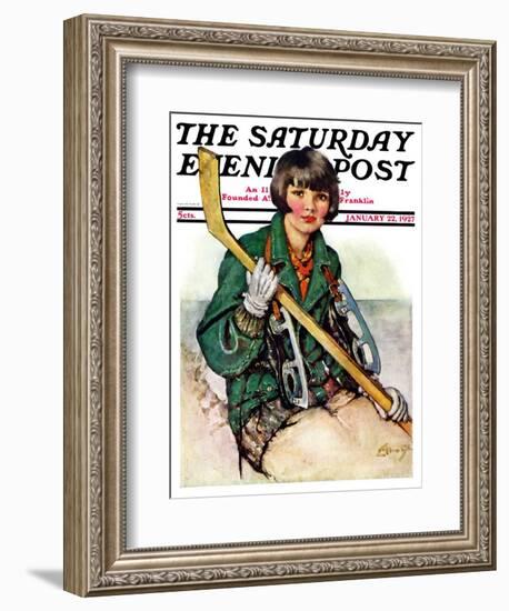 "Girl Hockey Player," Saturday Evening Post Cover, January 22, 1927-Ellen Pyle-Framed Giclee Print