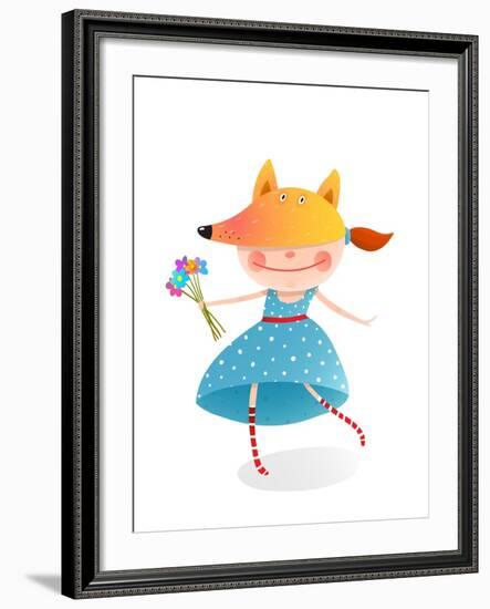 Girl in a Mask Fox with Bouquet of Flowers. Kid in Fox Costume. Childhood and Handsome Character Pe-Popmarleo-Framed Art Print