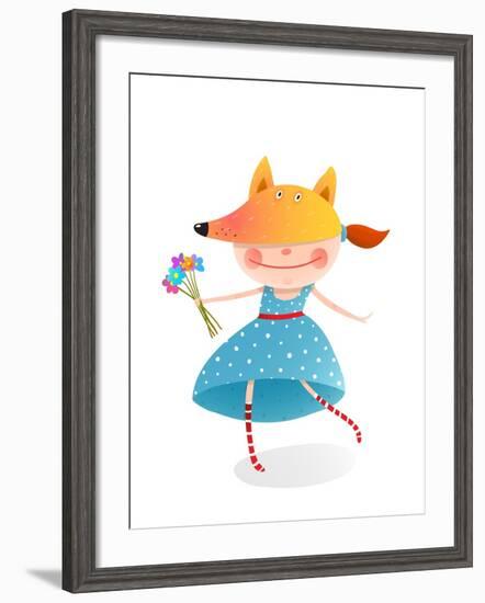 Girl in a Mask Fox with Bouquet of Flowers. Kid in Fox Costume. Childhood and Handsome Character Pe-Popmarleo-Framed Art Print