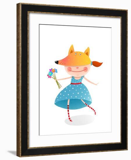 Girl in a Mask Fox with Bouquet of Flowers. Kid in Fox Costume. Childhood and Handsome Character Pe-Popmarleo-Framed Art Print