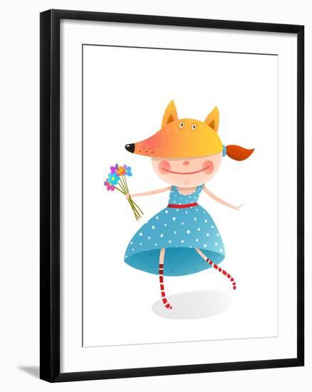 Girl in a Mask Fox with Bouquet of Flowers. Kid in Fox Costume. Childhood and Handsome Character Pe-Popmarleo-Framed Art Print