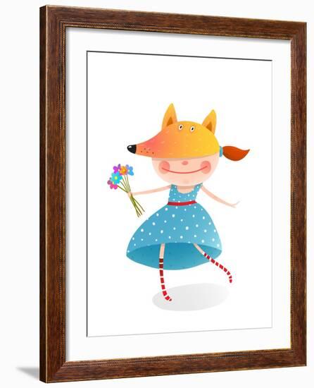 Girl in a Mask Fox with Bouquet of Flowers. Kid in Fox Costume. Childhood and Handsome Character Pe-Popmarleo-Framed Art Print