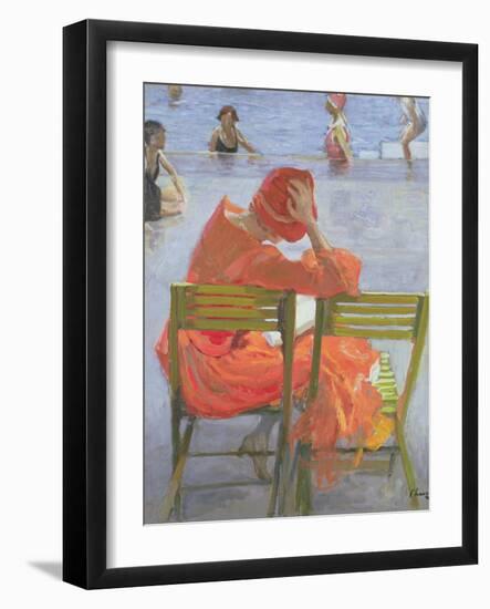 Girl in a Red Dress Reading by a Swimming Pool, 1936 (Oil on Canvas)-John Lavery-Framed Giclee Print