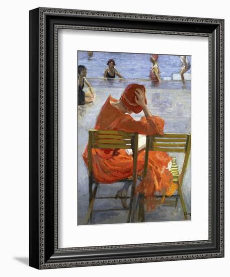 Girl in a Red Dress, Seated by a Swimming Pool, 1936-Sir John Lavery-Framed Giclee Print