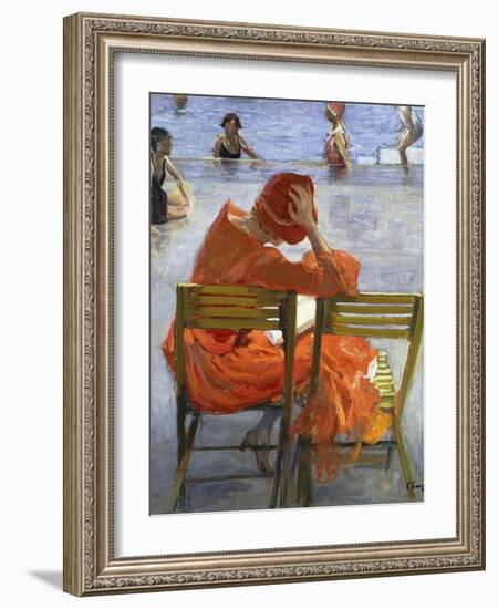 Girl in a Red Dress, Seated by a Swimming Pool, 1936-Sir John Lavery-Framed Giclee Print