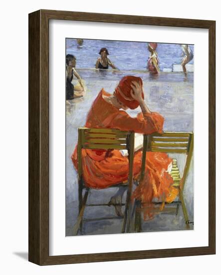 Girl in a Red Dress, Seated by a Swimming Pool, 1936-Sir John Lavery-Framed Giclee Print