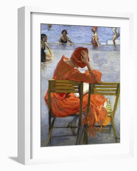 Girl in a Red Dress, Seated by a Swimming Pool, 1936-Sir John Lavery-Framed Giclee Print