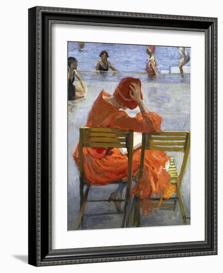 Girl in a Red Dress, Seated by a Swimming Pool, 1936-Sir John Lavery-Framed Giclee Print