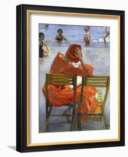 Girl in a Red Dress, Seated by a Swimming Pool, 1936-Sir John Lavery-Framed Giclee Print