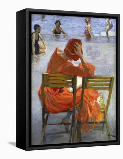 Girl in a Red Dress, Seated by a Swimming Pool-Sir John Lavery-Framed Premier Image Canvas