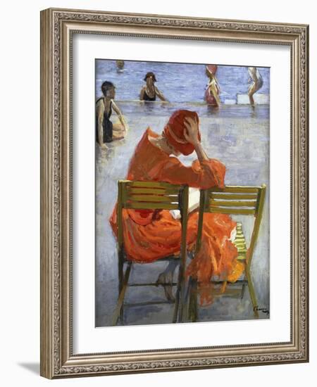 Girl in a Red Dress, Seated by a Swimming Pool-Sir John Lavery-Framed Giclee Print