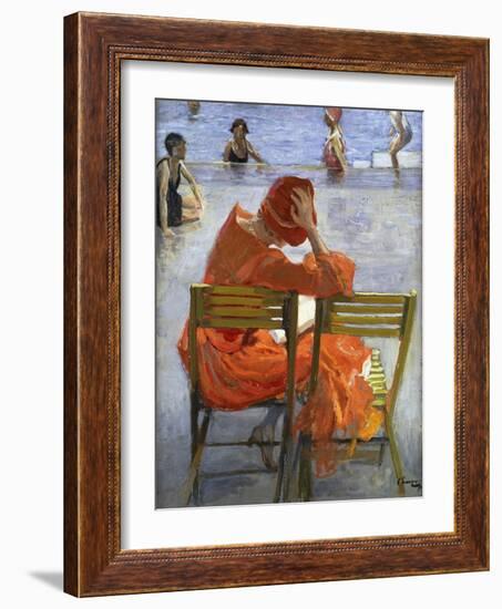 Girl in a Red Dress, Seated by a Swimming Pool-Sir John Lavery-Framed Giclee Print