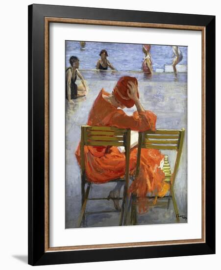 Girl in a Red Dress, Seated by a Swimming Pool-Sir John Lavery-Framed Giclee Print