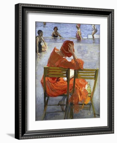 Girl in a Red Dress, Seated by a Swimming Pool-Sir John Lavery-Framed Giclee Print