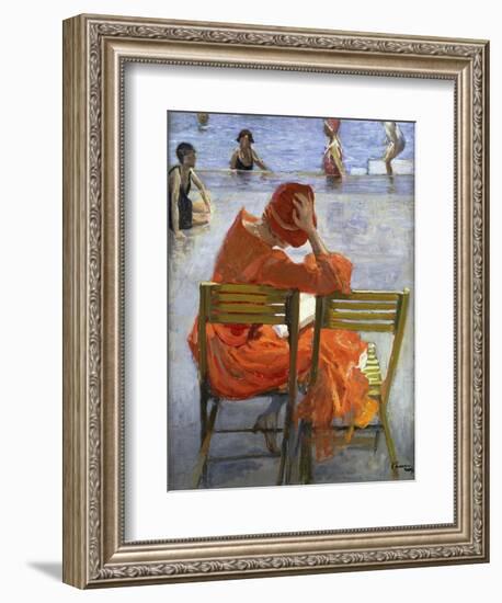 Girl in a Red Dress, Seated by a Swimming Pool-Sir John Lavery-Framed Giclee Print