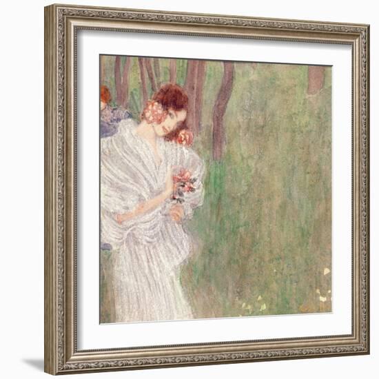 Girl in a White Dress Standing in a Forest-Gustav Klimt-Framed Giclee Print