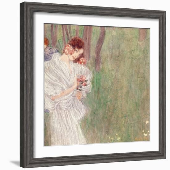 Girl in a White Dress Standing in a Forest-Gustav Klimt-Framed Giclee Print