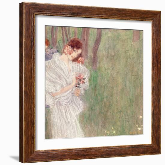 Girl in a White Dress Standing in a Forest-Gustav Klimt-Framed Giclee Print