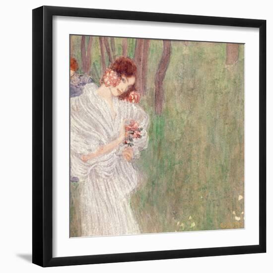 Girl in a White Dress Standing in a Forest-Gustav Klimt-Framed Giclee Print