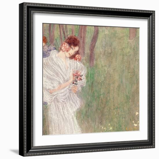 Girl in a White Dress Standing in a Forest-Gustav Klimt-Framed Giclee Print