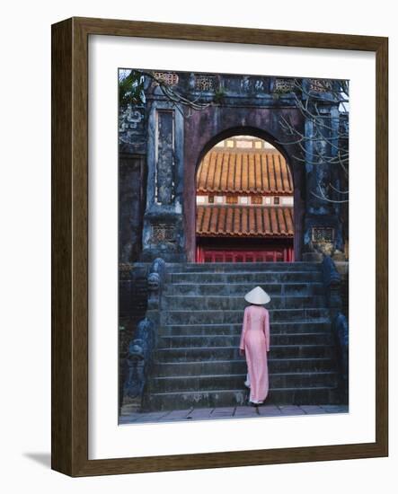 Girl in Ao Dai (Traditional Vietnamese Long Dress) and Conical Hat at Minh Mang Tomb, Vietnam-Keren Su-Framed Photographic Print