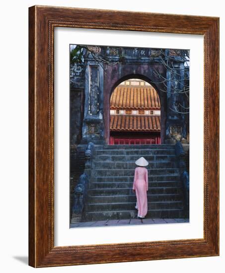 Girl in Ao Dai (Traditional Vietnamese Long Dress) and Conical Hat at Minh Mang Tomb, Vietnam-Keren Su-Framed Photographic Print