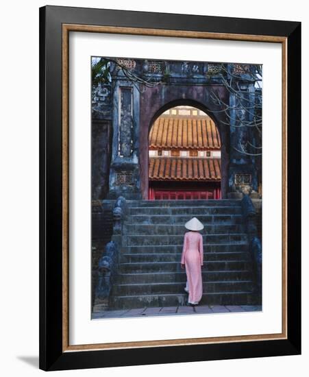 Girl in Ao Dai (Traditional Vietnamese Long Dress) and Conical Hat at Minh Mang Tomb, Vietnam-Keren Su-Framed Photographic Print