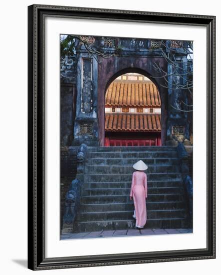 Girl in Ao Dai (Traditional Vietnamese Long Dress) and Conical Hat at Minh Mang Tomb, Vietnam-Keren Su-Framed Photographic Print