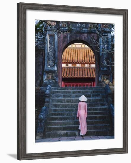 Girl in Ao Dai (Traditional Vietnamese Long Dress) and Conical Hat at Minh Mang Tomb, Vietnam-Keren Su-Framed Photographic Print