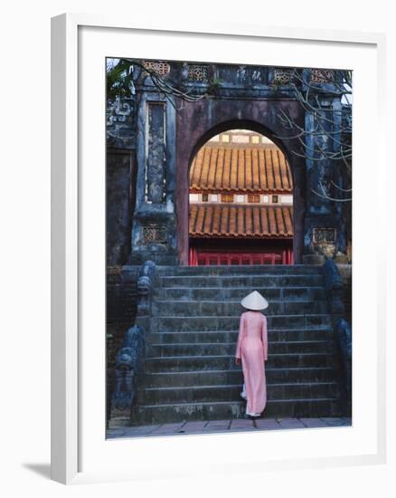 Girl in Ao Dai (Traditional Vietnamese Long Dress) and Conical Hat at Minh Mang Tomb, Vietnam-Keren Su-Framed Photographic Print