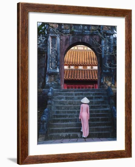 Girl in Ao Dai (Traditional Vietnamese Long Dress) and Conical Hat at Minh Mang Tomb, Vietnam-Keren Su-Framed Photographic Print